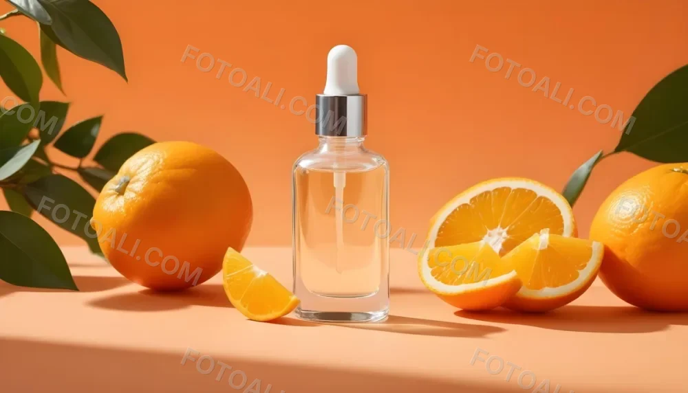 A Glass Bottle Of Orange Colored Facial Serum Or Oil With A Dropper Surrounded By Fresh Orange Slices On A Orange Background 23 9292