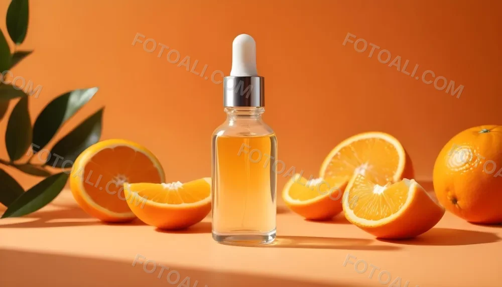 A Glass Bottle Of Orange Colored Facial Serum Or Oil With A Dropper Surrounded By Fresh Orange Slices On A Orange Background 5 9603