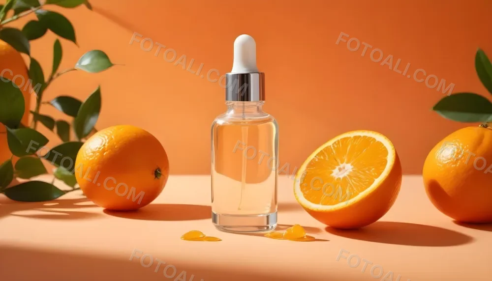 A Glass Bottle Of Orange Colored Facial Serum Or Oil With A Dropper Surrounded By Fresh Orange Slices On A Orange Background 6 5f4c