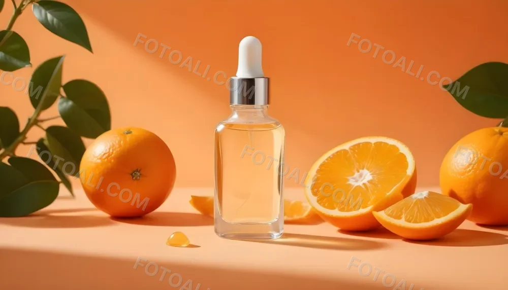 A Glass Bottle Of Orange Colored Facial Serum Or Oil With A Dropper Surrounded By Fresh Orange Slices On A Orange Background 7 2b87