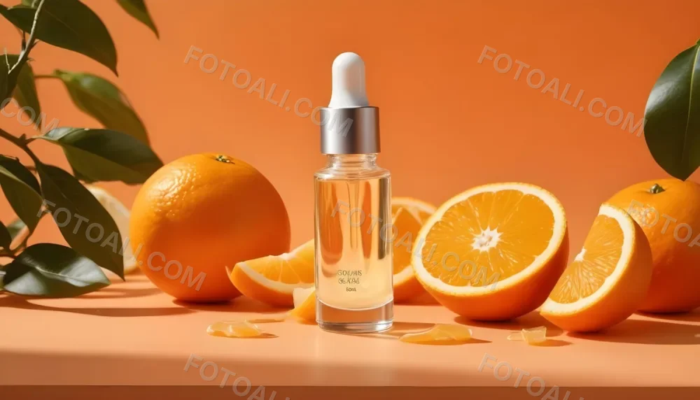 A Glass Bottle Of Orange Colored Facial Serum Or Oil With A Dropper Surrounded By Fresh Orange Slices On A Orange Background 9 46e4