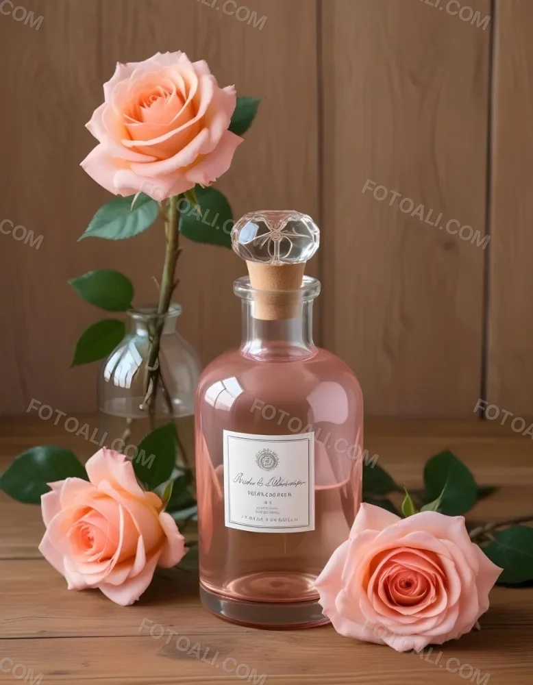 A Glass Bottle Of Pink Gin Surrounded By Pink Roses On A Wooden Surface 1 1f6f