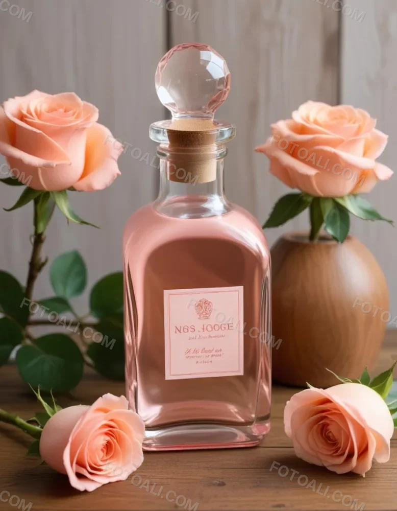 A Glass Bottle Of Pink Gin Surrounded By Pink Roses On A Wooden Surface 1 43c9