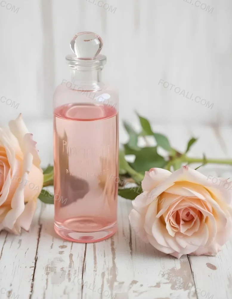 A Glass Bottle Of Pink Gin Surrounded By Pink Roses On A Wooden Surface 10 E4e5