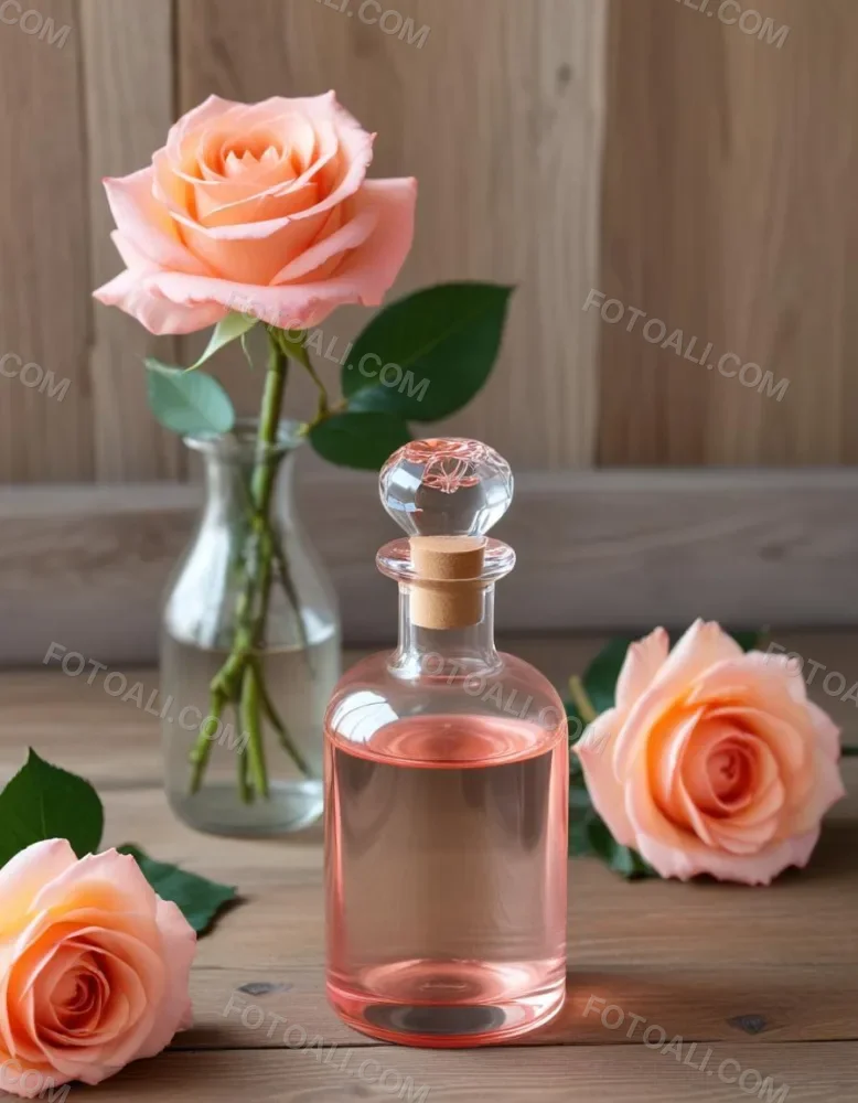 A Glass Bottle Of Pink Gin Surrounded By Pink Roses On A Wooden Surface 2 40f2