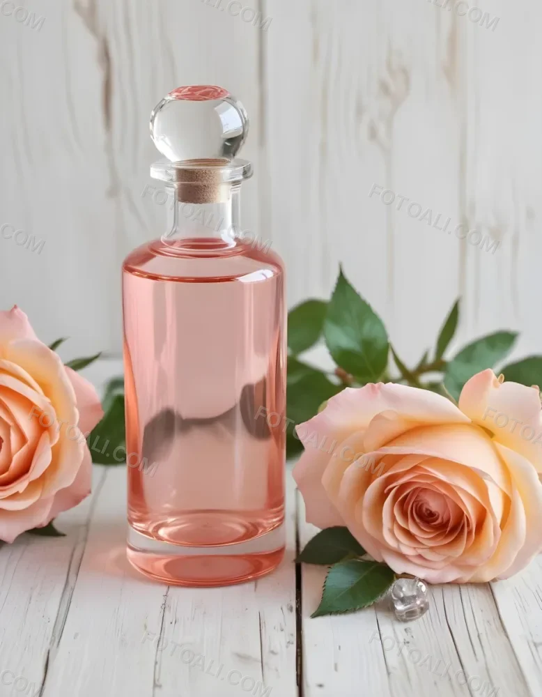 A Glass Bottle Of Pink Gin Surrounded By Pink Roses On A Wooden Surface 2 8c51