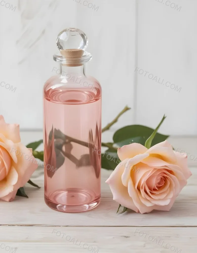 A Glass Bottle Of Pink Gin Surrounded By Pink Roses On A Wooden Surface 3 C8e8