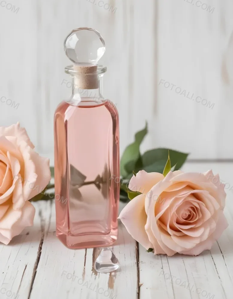A Glass Bottle Of Pink Gin Surrounded By Pink Roses On A Wooden Surface 6 A17e