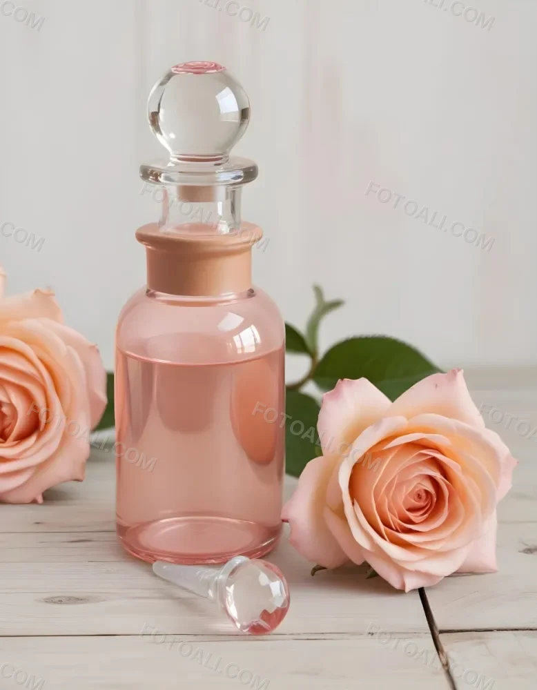 A Glass Bottle Of Pink Gin Surrounded By Pink Roses On A Wooden Surface 8 8d60