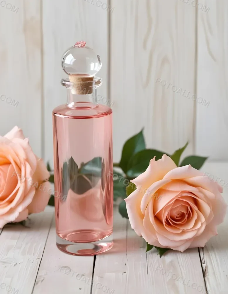 A Glass Bottle Of Pink Gin Surrounded By Pink Roses On A Wooden Surface 9 100a
