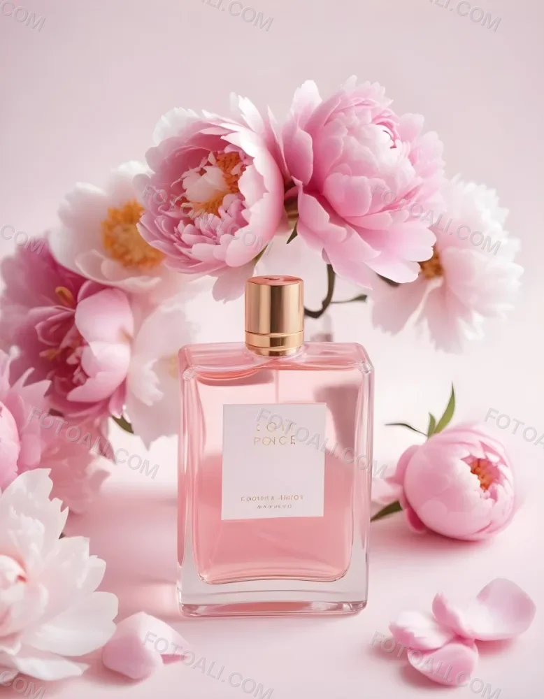 A Glass Bottle Of Pink Perfume Surrounded By Pink And White Flowers Likely Peonies Or Roses On A Light Pink Background 12 A6c0