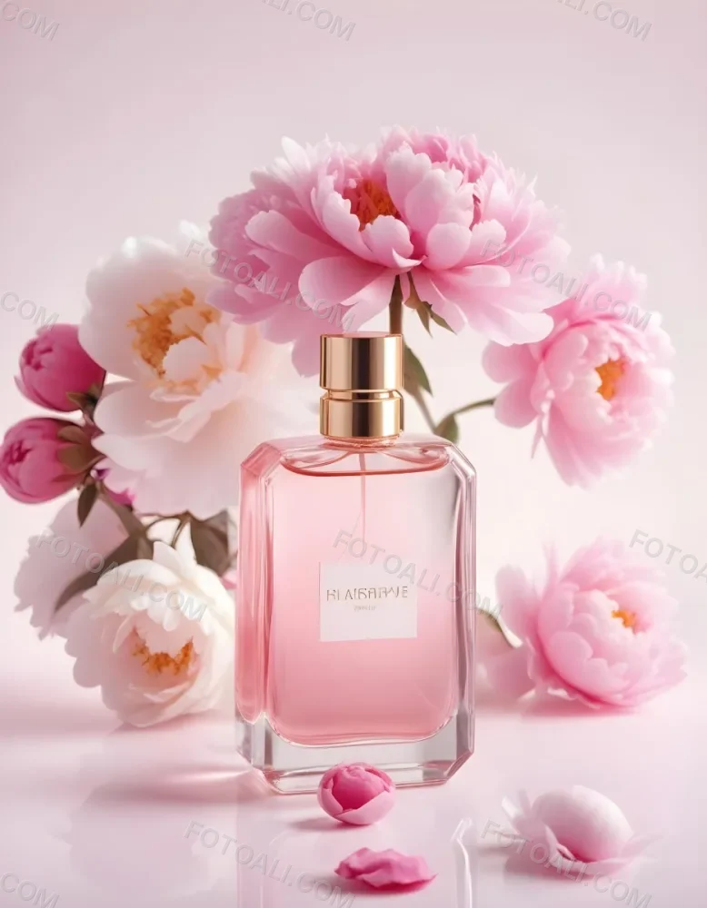 A Glass Bottle Of Pink Perfume Surrounded By Pink And White Flowers Likely Peonies Or Roses On A Light Pink Background 13 D691