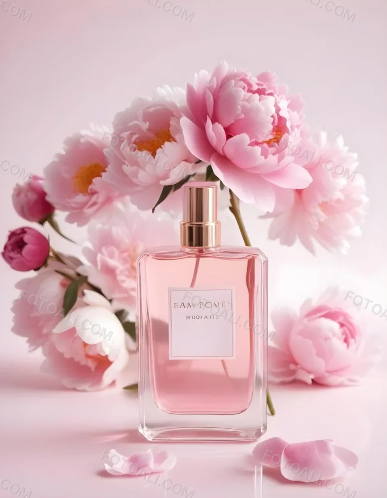 A Glass Bottle Of Pink Perfume Surrounded By Pink And White Flowers Likely Peonies Or Roses On A Light Pink Background 14 4773