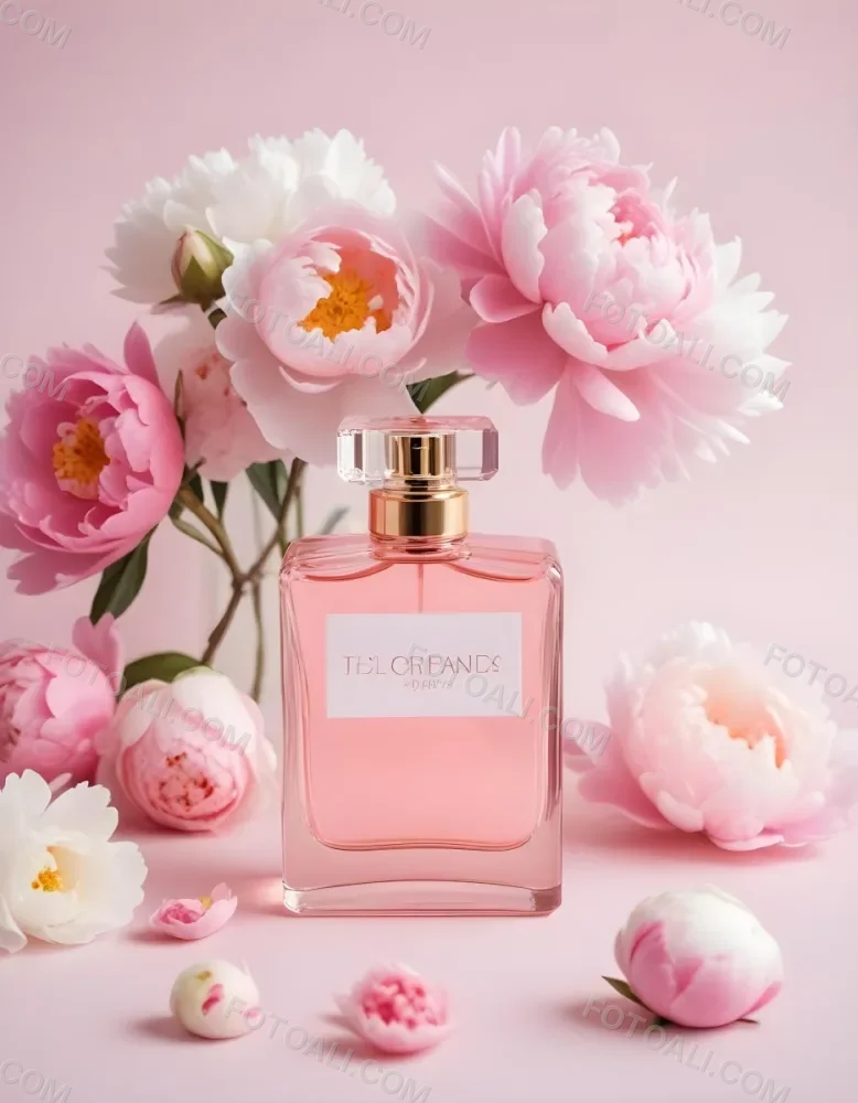 A Glass Bottle Of Pink Perfume Surrounded By Pink And White Flowers Likely Peonies Or Roses On A Light Pink Background 15 78a6
