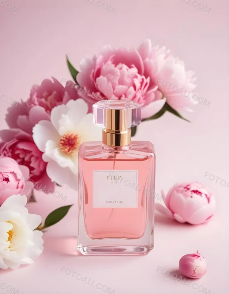 A Glass Bottle Of Pink Perfume Surrounded By Pink And White Flowers Likely Peonies Or Roses On A Light Pink Background 17 5916