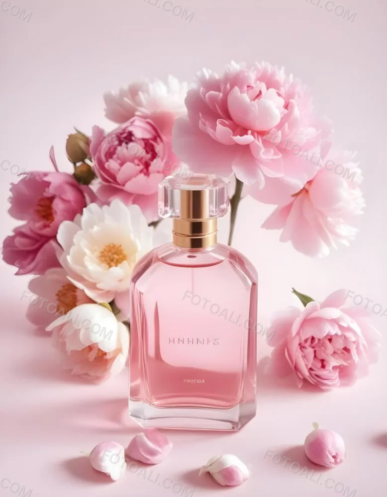 A Glass Bottle Of Pink Perfume Surrounded By Pink And White Flowers Likely Peonies Or Roses On A Light Pink Background 18 05be