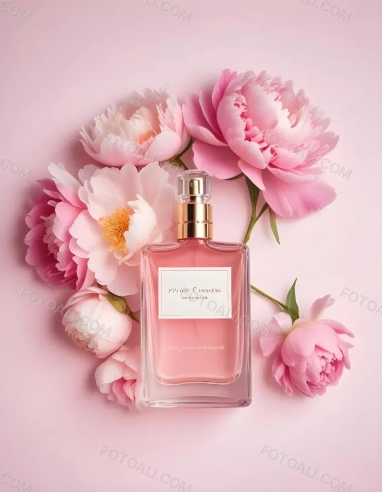 A Glass Bottle Of Pink Perfume Surrounded By Pink And White Flowers Likely Peonies Or Roses On A Light Pink Background 19 C3c0