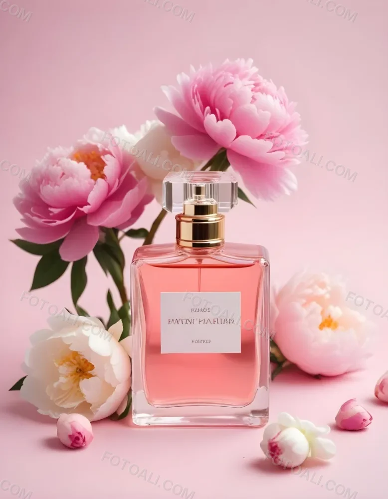 A Glass Bottle Of Pink Perfume Surrounded By Pink And White Flowers Likely Peonies Or Roses On A Light Pink Background 20 B803