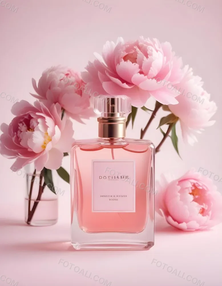 A Glass Bottle Of Pink Perfume Surrounded By Pink And White Flowers Likely Peonies Or Roses On A Light Pink Background 3 6f2e