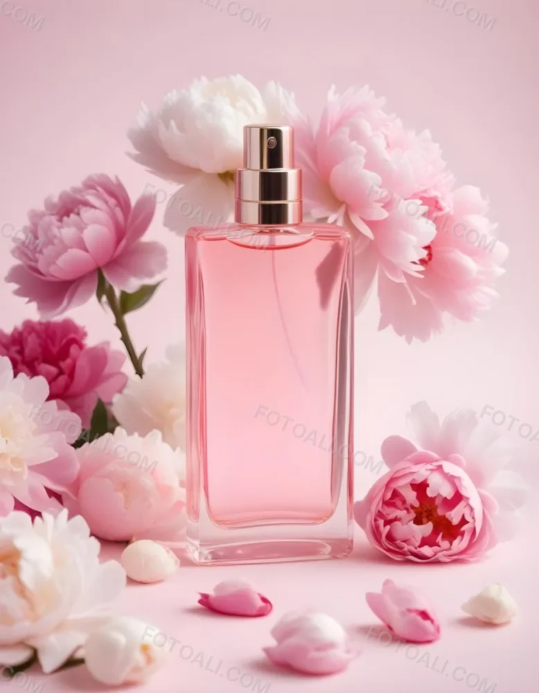 A Glass Bottle Of Pink Perfume Surrounded By Pink And White Flowers Likely Peonies Or Roses On A Light Pink Background 4 Cbf0