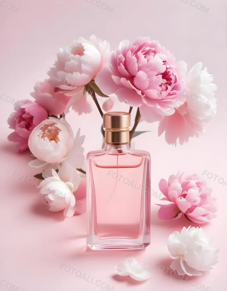 A Glass Bottle Of Pink Perfume Surrounded By Pink And White Flowers Likely Peonies Or Roses On A Light Pink Background 5 1c4b