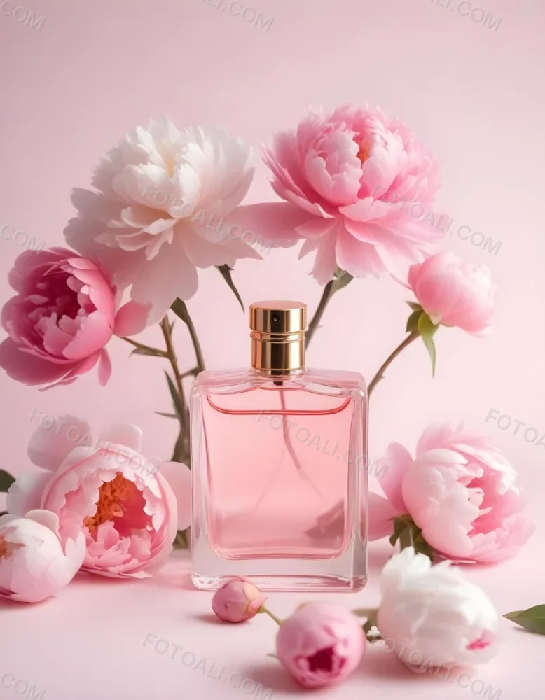 A Glass Bottle Of Pink Perfume Surrounded By Pink And White Flowers Likely Peonies Or Roses On A Light Pink Background 7 4abd