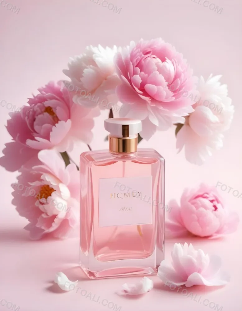A Glass Bottle Of Pink Perfume Surrounded By Pink And White Flowers Likely Peonies Or Roses On A Light Pink Background 9 1575