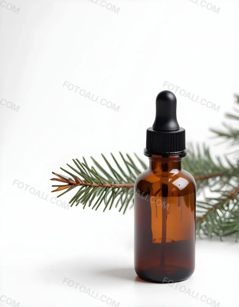 A Glass Bottle With A Dropper Filled With Amber Colored Liquid Surrounded By Pine Tree Branches On A White Background 10 69f5