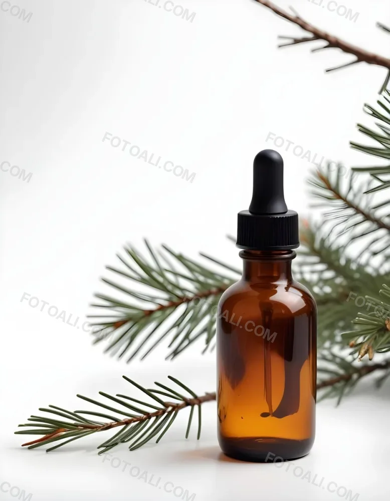 A Glass Bottle With A Dropper Filled With Amber Colored Liquid Surrounded By Pine Tree Branches On A White Background 11 320c
