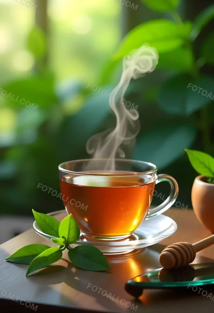 A Glass Cup With Tea On A Glass Table Steam Coming Out Of The Cup Green Plants In The Background Honey Dipper And Bowl With Honey 11 9fd3