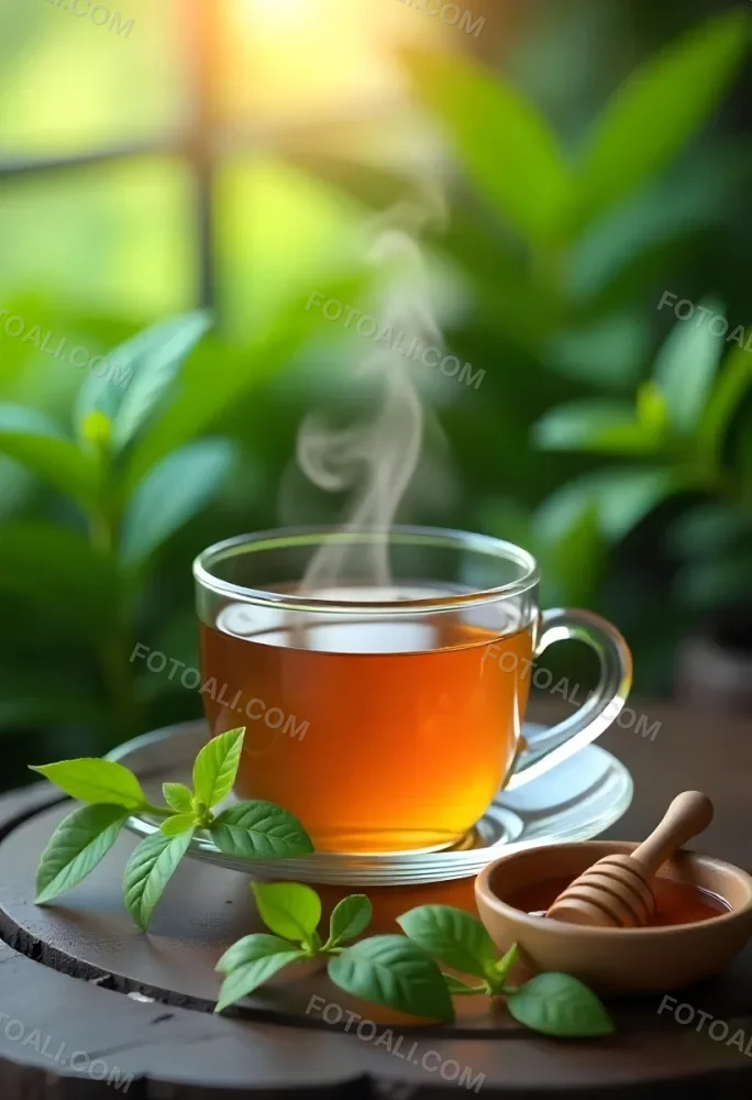 A Glass Cup With Tea On A Glass Table Steam Coming Out Of The Cup Green Plants In The Background Honey Dipper And Bowl With Honey 14 Efad