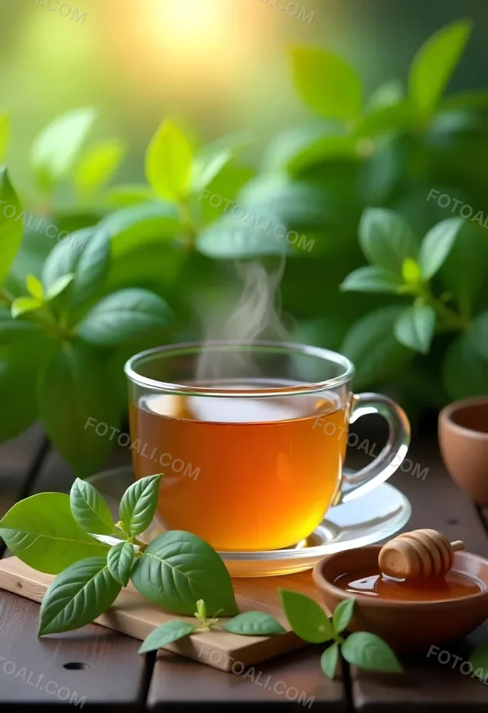 A Glass Cup With Tea On A Glass Table Steam Coming Out Of The Cup Green Plants In The Background Honey Dipper And Bowl With Honey 15 Ac89