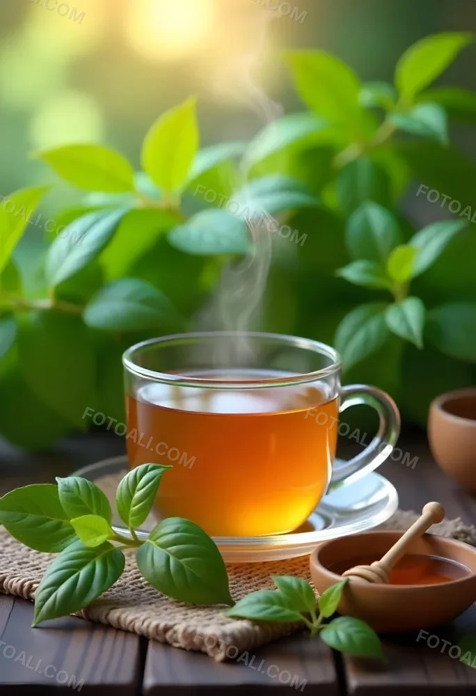 A Glass Cup With Tea On A Glass Table Steam Coming Out Of The Cup Green Plants In The Background Honey Dipper And Bowl With Honey 16 0601