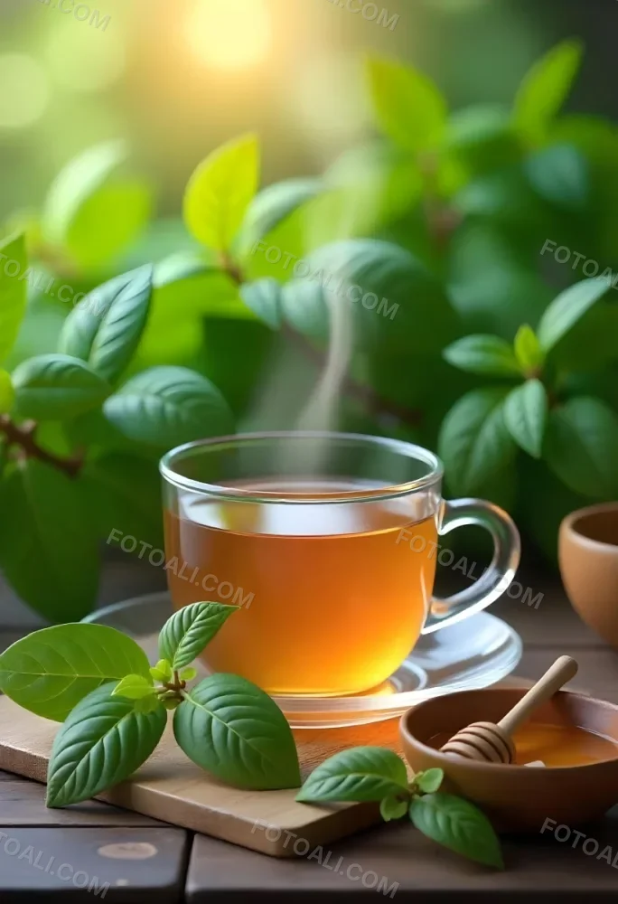 A Glass Cup With Tea On A Glass Table Steam Coming Out Of The Cup Green Plants In The Background Honey Dipper And Bowl With Honey 17 4b31