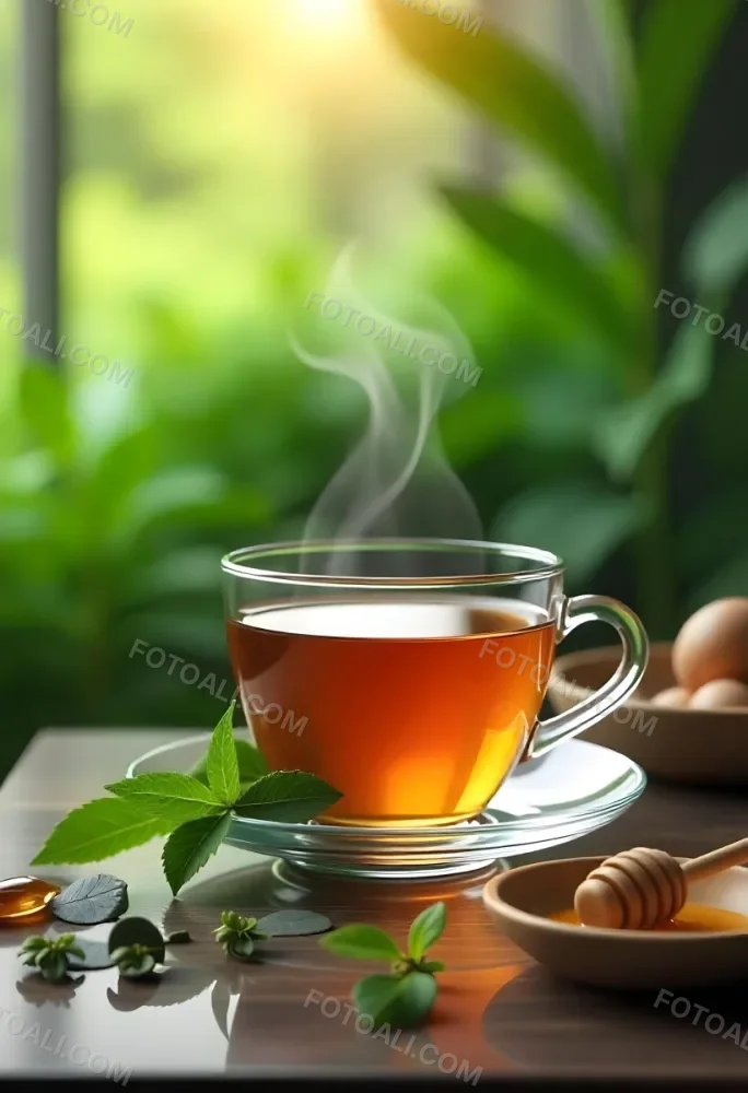 A Glass Cup With Tea On A Glass Table Steam Coming Out Of The Cup Green Plants In The Background Honey Dipper And Bowl With Honey 21 6f85