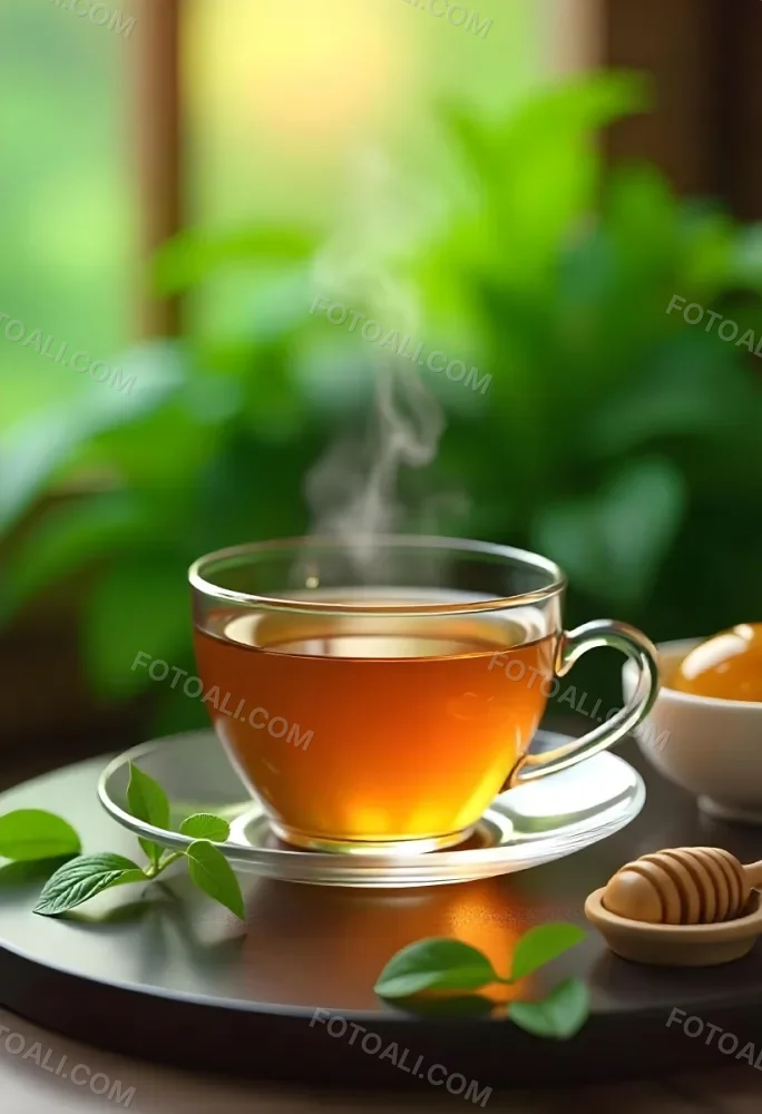 A Glass Cup With Tea On A Glass Table Steam Coming Out Of The Cup Green Plants In The Background Honey Dipper And Bowl With Honey 22 4b78