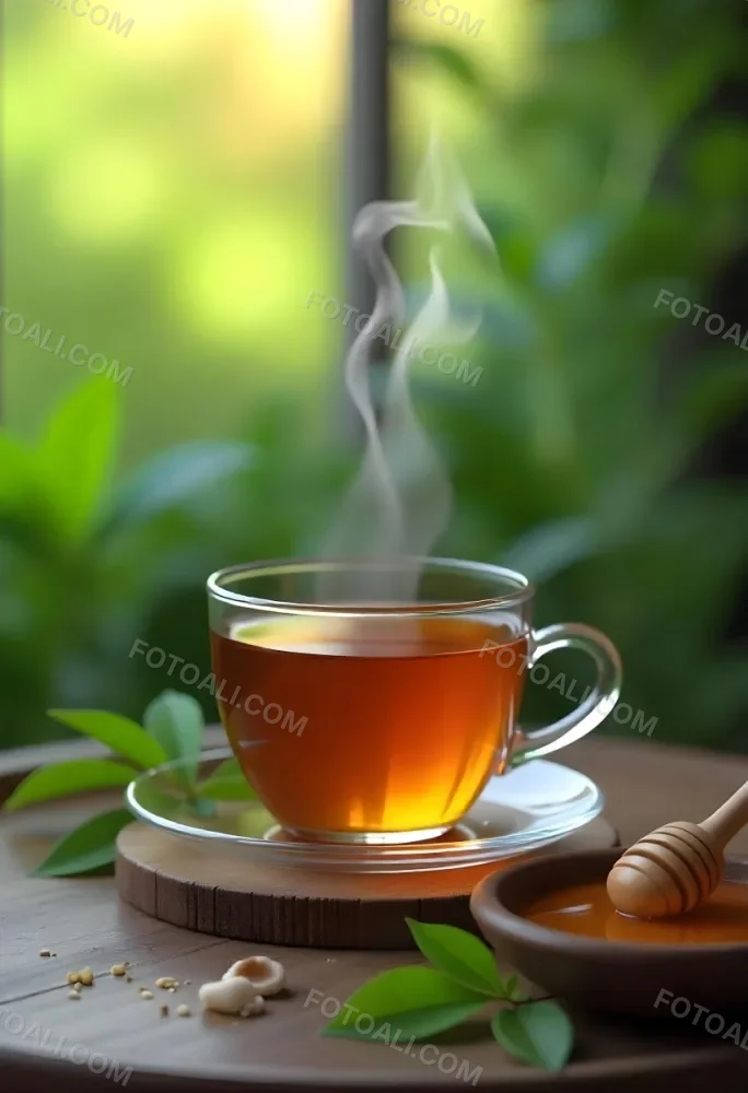 A Glass Cup With Tea On A Glass Table Steam Coming Out Of The Cup Green Plants In The Background Honey Dipper And Bowl With Honey 23 78bf