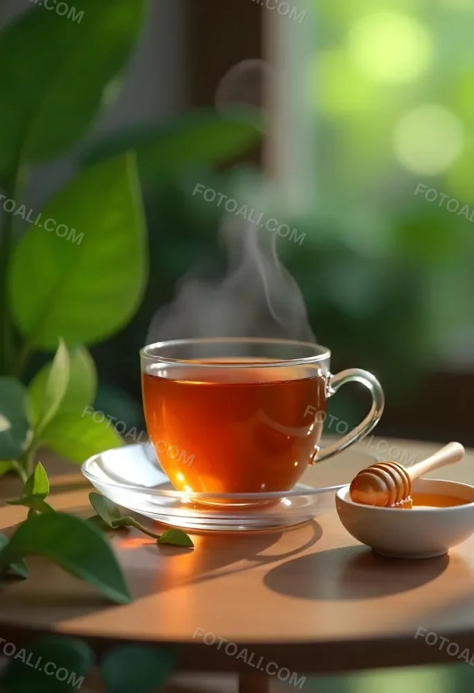 A Glass Cup With Tea On A Glass Table Steam Coming Out Of The Cup Green Plants In The Background Honey Dipper And Bowl With Honey 3 5de4