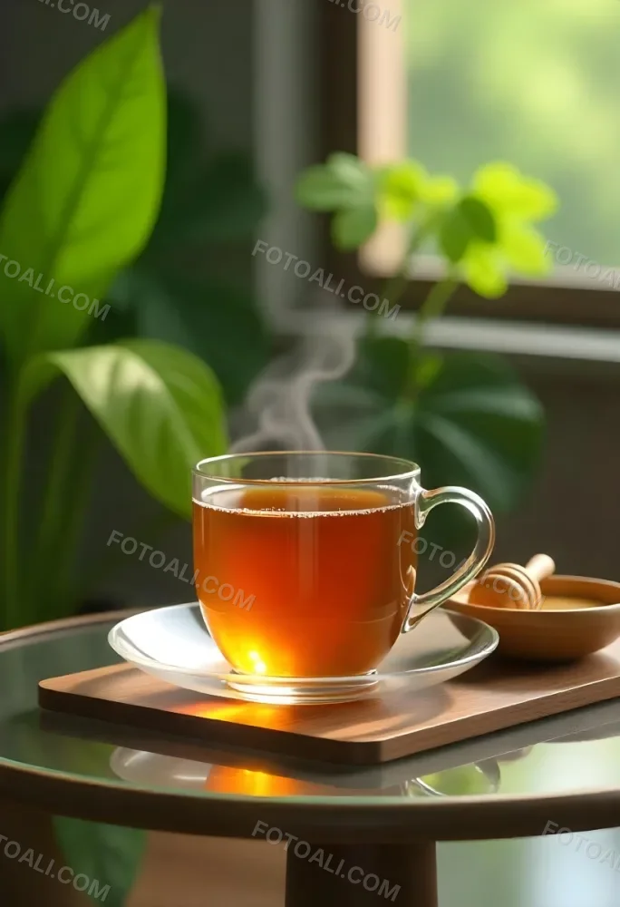 A Glass Cup With Tea On A Glass Table Steam Coming Out Of The Cup Green Plants In The Background Honey Dipper And Bowl With Honey 4 5da1