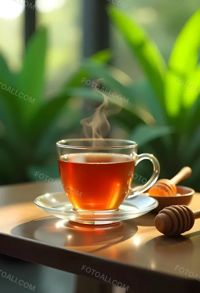 A Glass Cup With Tea On A Glass Table Steam Coming Out Of The Cup Green Plants In The Background Honey Dipper And Bowl With Honey 5 5406
