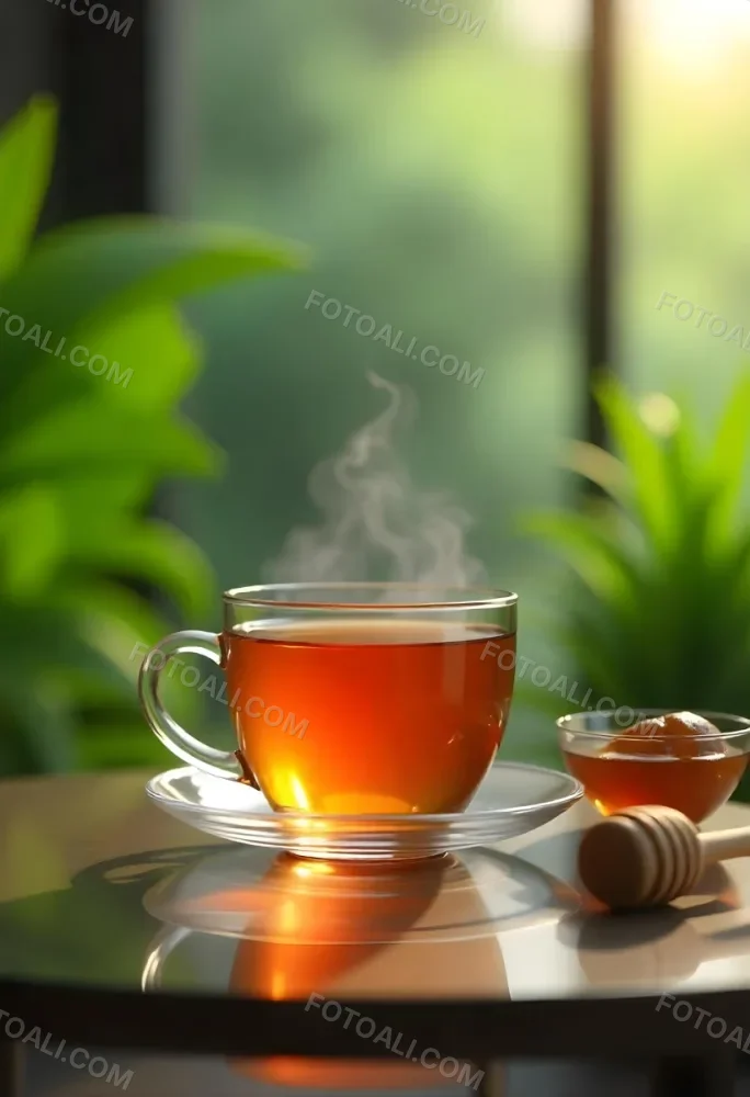 A Glass Cup With Tea On A Glass Table Steam Coming Out Of The Cup Green Plants In The Background Honey Dipper And Bowl With Honey 6 4ab0