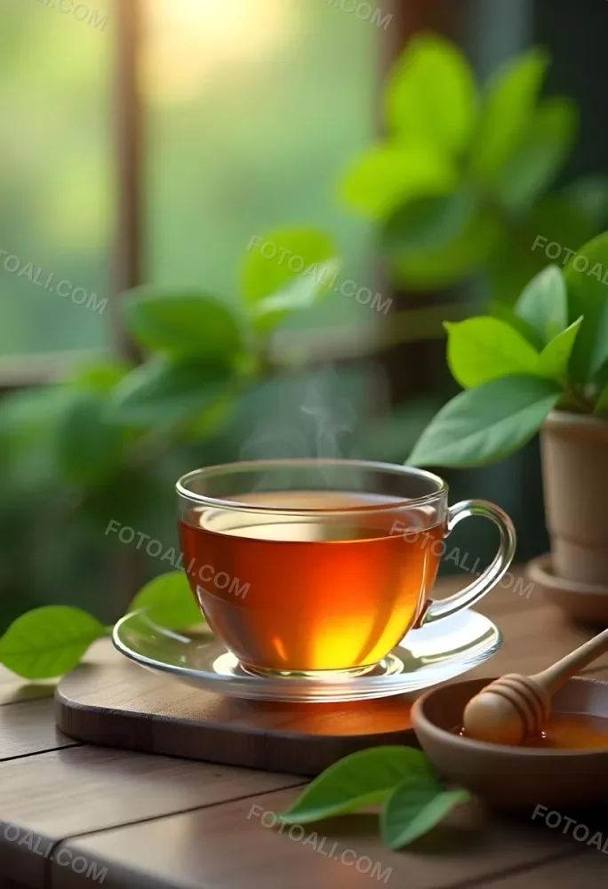 A Glass Cup With Tea On A Glass Table Steam Coming Out Of The Cup Green Plants In The Background Honey Dipper And Bowl With Honey 8 5f18