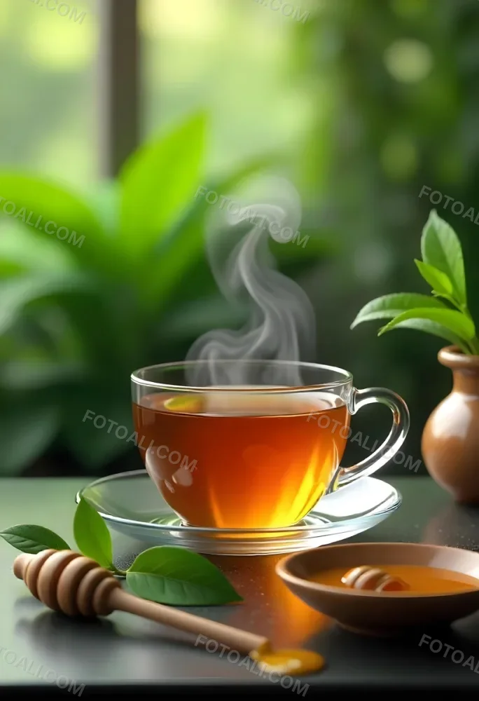 A Glass Cup With Tea On A Glass Table Steam Coming Out Of The Cup Green Plants In The Background Honey Dipper And Bowl With Honey 9 4a00