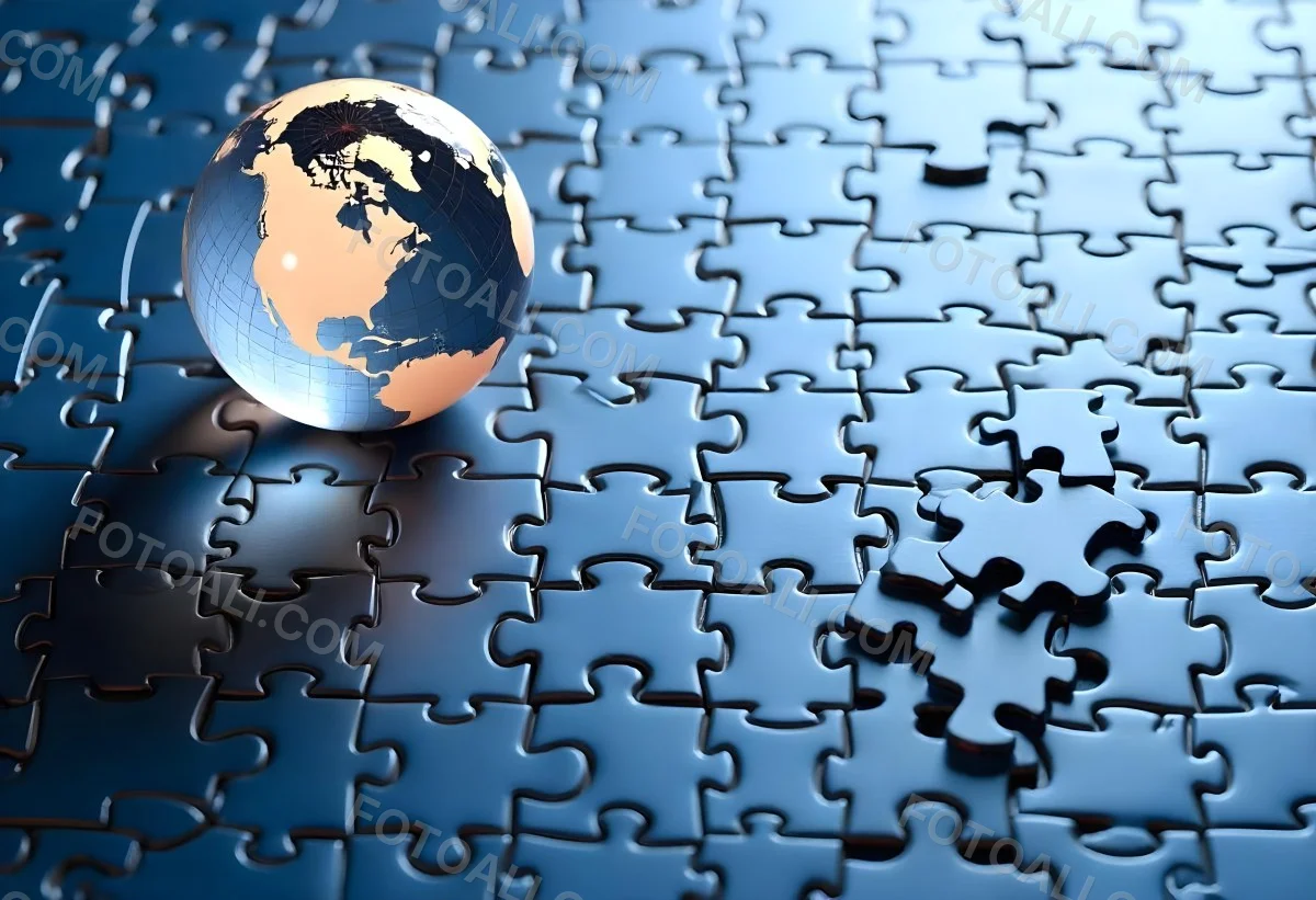 A Glass Globe On Top Of A Blue Puzzle With A Missing Piece Concept Of Global Business And Problem Solving 10 E081