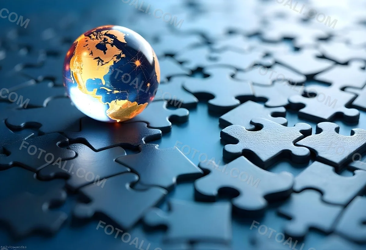 A Glass Globe On Top Of A Blue Puzzle With A Missing Piece Concept Of Global Business And Problem Solving 12 7f0c