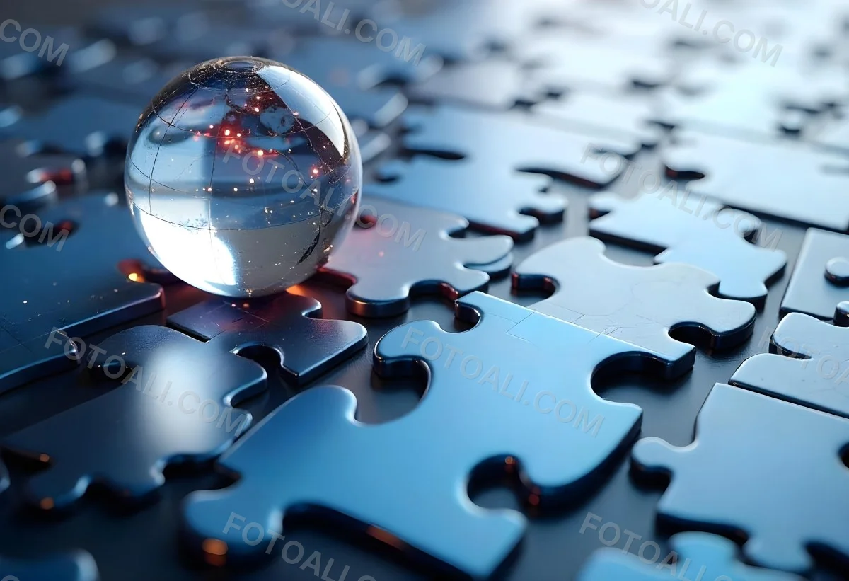 A Glass Globe On Top Of A Blue Puzzle With A Missing Piece Concept Of Global Business And Problem Solving 3 23ef
