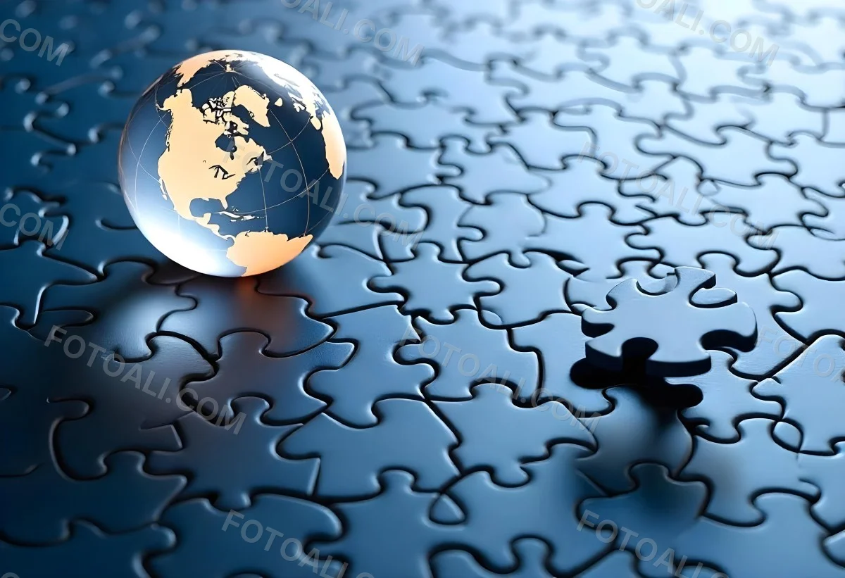A Glass Globe On Top Of A Blue Puzzle With A Missing Piece Concept Of Global Business And Problem Solving 6 2410