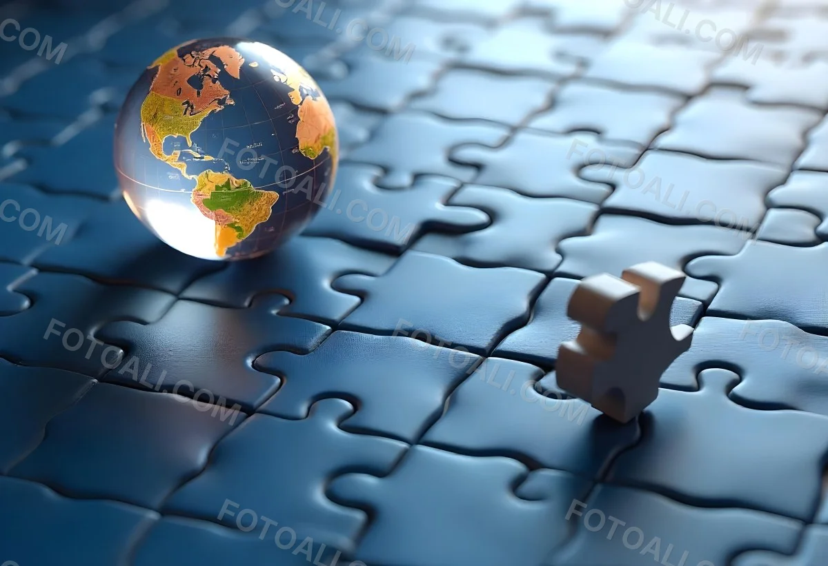 A Glass Globe On Top Of A Blue Puzzle With A Missing Piece Concept Of Global Business And Problem Solving 9 E930