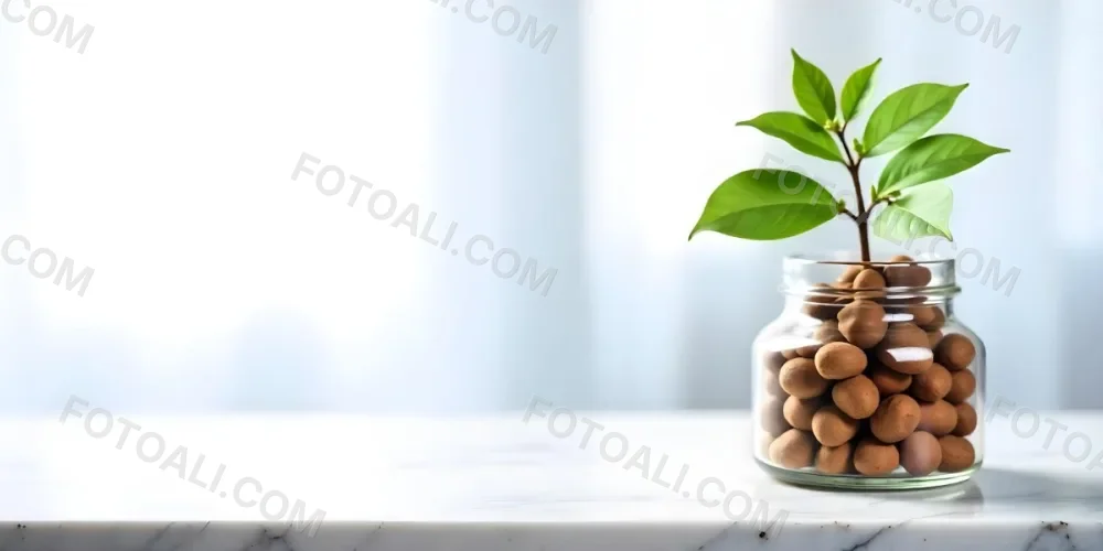 A Glass Jar Filled With Dried Herbs With Green Leaves In The Foreground On A Marble Surface Against A Blurred Background 13 3ecb