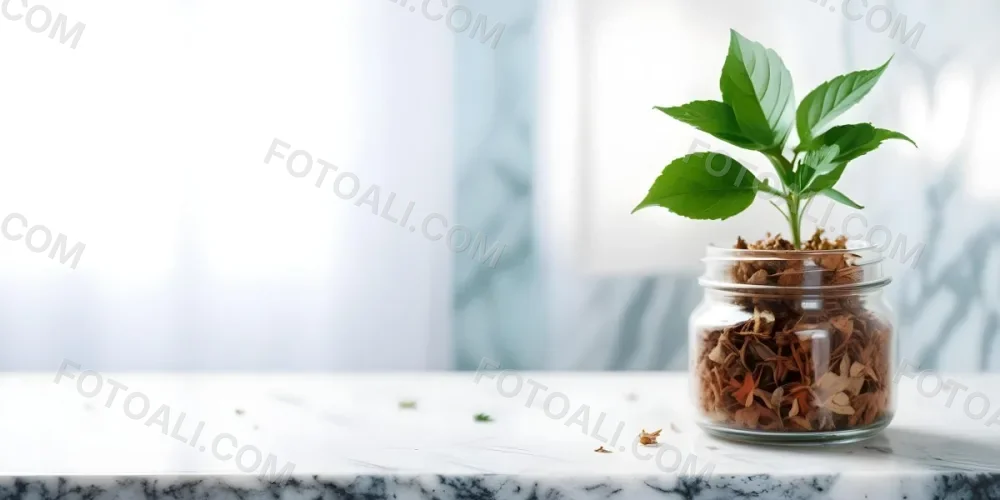A Glass Jar Filled With Dried Herbs With Green Leaves In The Foreground On A Marble Surface Against A Blurred Background 17 8f91
